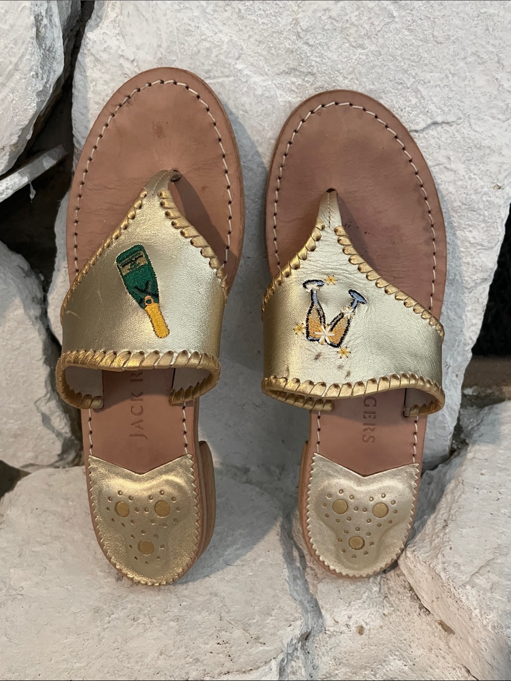 Jack Rogers Gold Leather Embroidered Champagne & Bottle Sandals